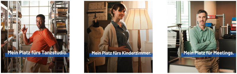 Ein Bild mit einem Mann, welcher tanzt, daneben ein Bild von einer lächelnden, schwangeren Frau mit dem Schriftzug und als drittes Bild ein Unternehmer an seinem Schreibtisch lehnend